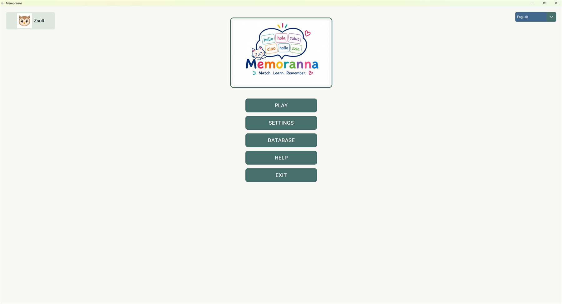 Memoranna home screen with play, settings, database, help, and exit choices
