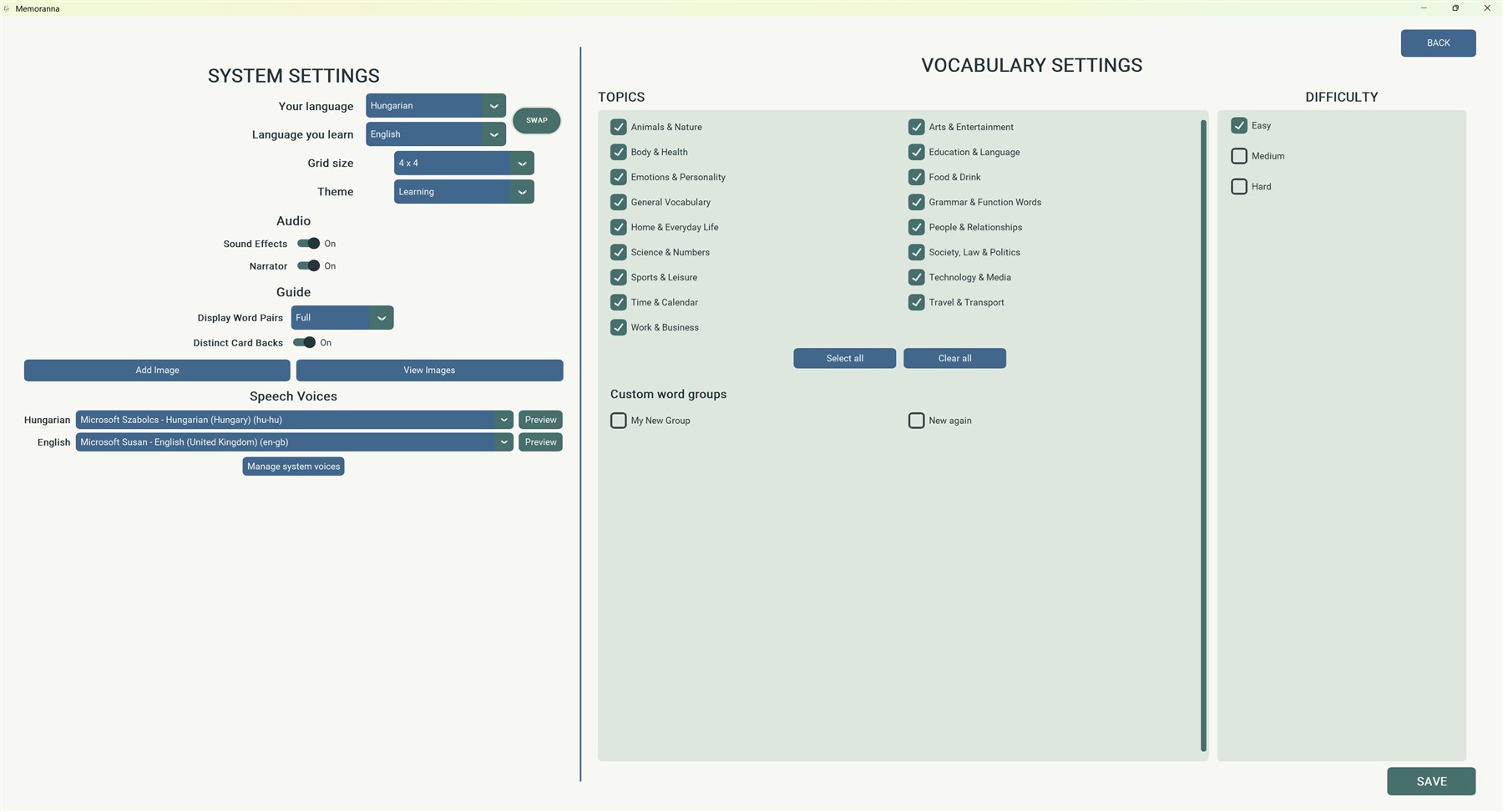 Memoranna settings screen showing themes, topics, difficulty, guides, and voice options