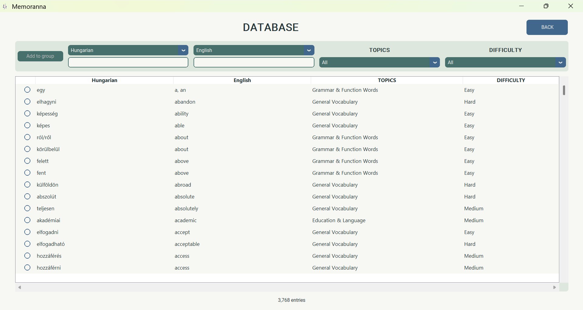 Memoranna vocabulary database screen for organizing custom word groups